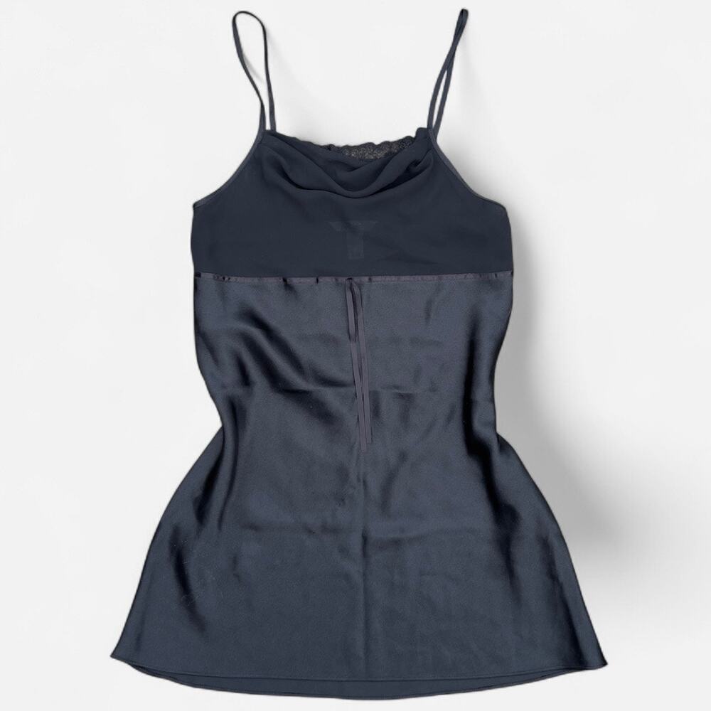 Delicates Black Satin Cowl Neck Lace Trim Slip Dress